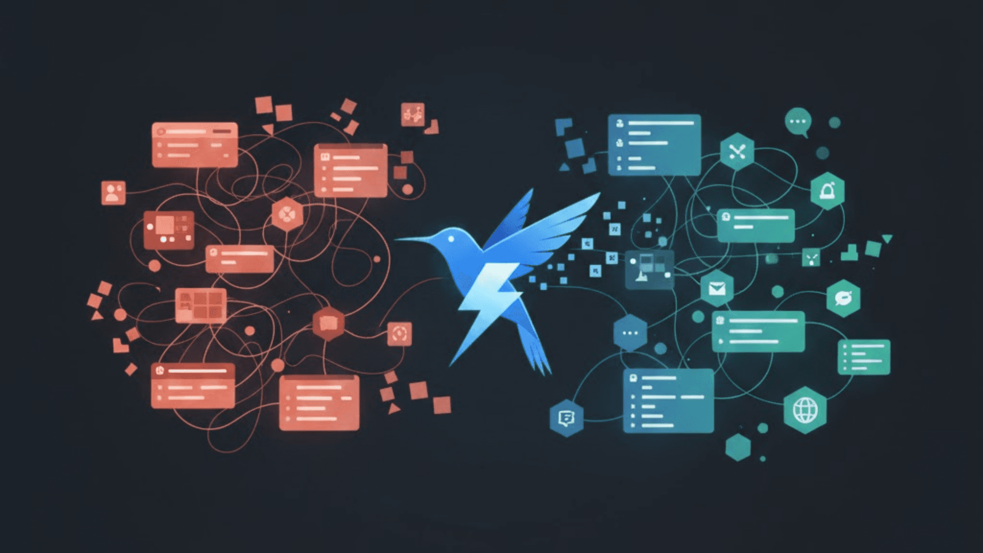 A modern SaaS hero illustration visualizing the transition from project chaos to streamlined workflow, with tangled threads on the left and clean UI elements on the right, bridged by a stylized hummingbird.