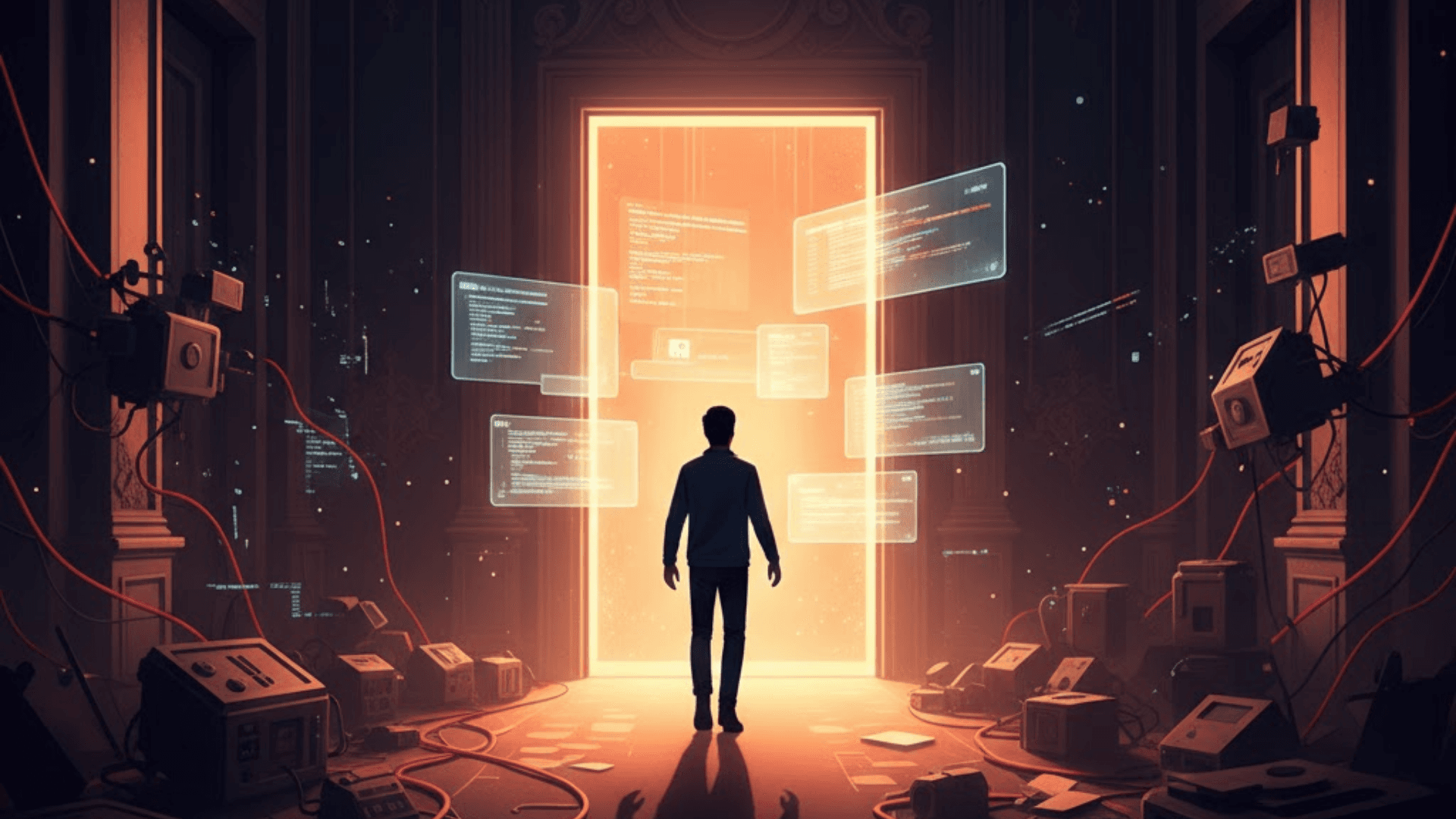 A lone figure in a dimly lit ornate mansion hallway facing a brilliant glowing golden doorway, illustrating the journey toward product-market fit.