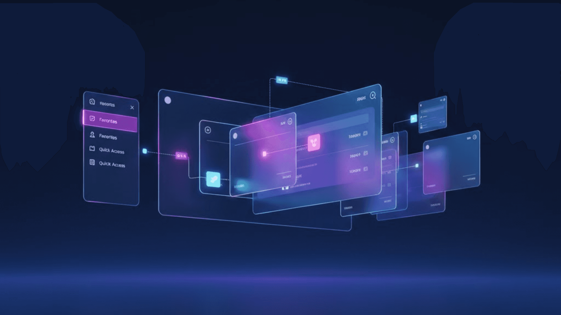 An abstract visualization of a software interface with floating translucent UI panels, a minimalist sidebar, and interactive cards connected by glowing data threads.