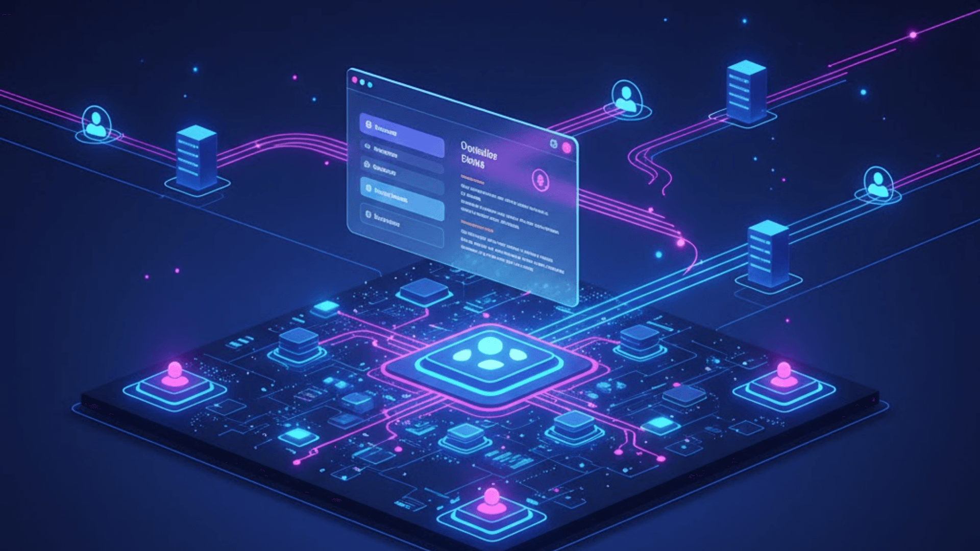An abstract visualization of a high-performance web application, with a glowing circuit board, a translucent interface panel, and user avatars connected by high-speed light trails.