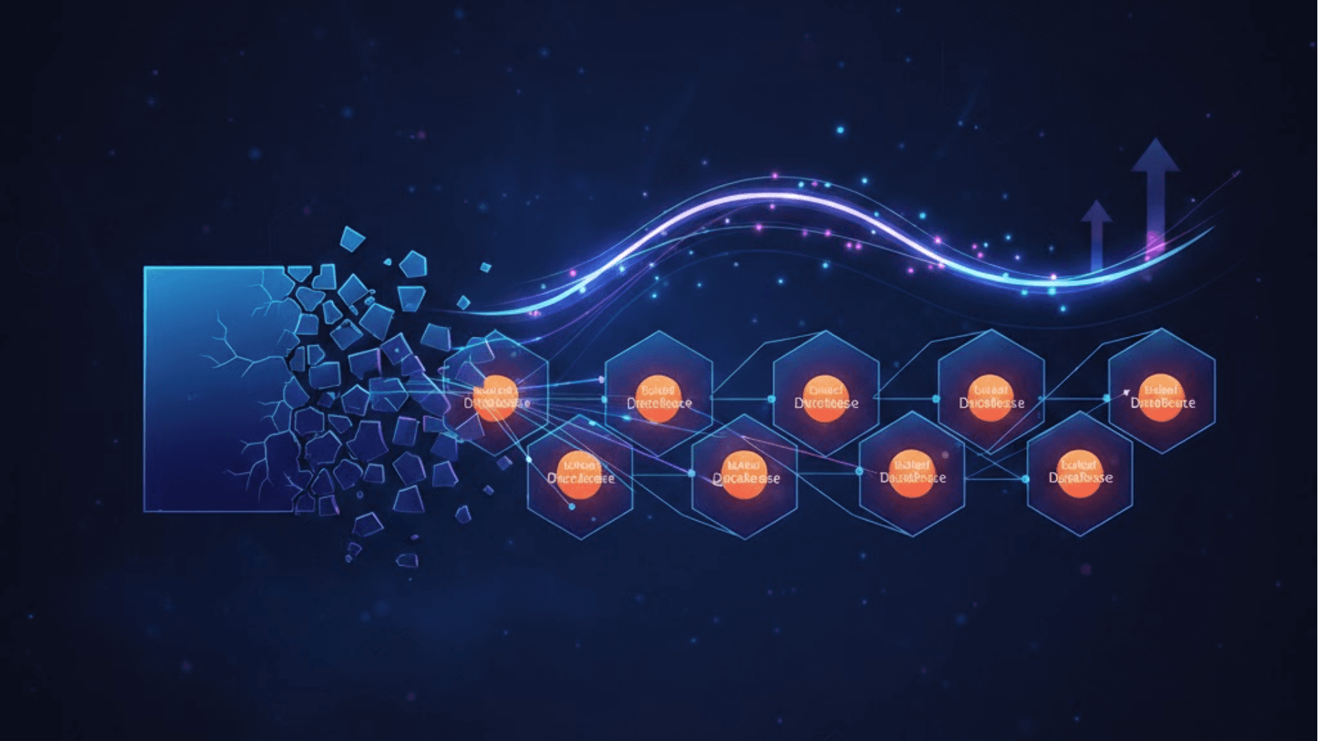 An abstract architectural visualization of the transition from a monolithic block to independent hexagonal microservice nodes, with an orchestration layer arcing over them.