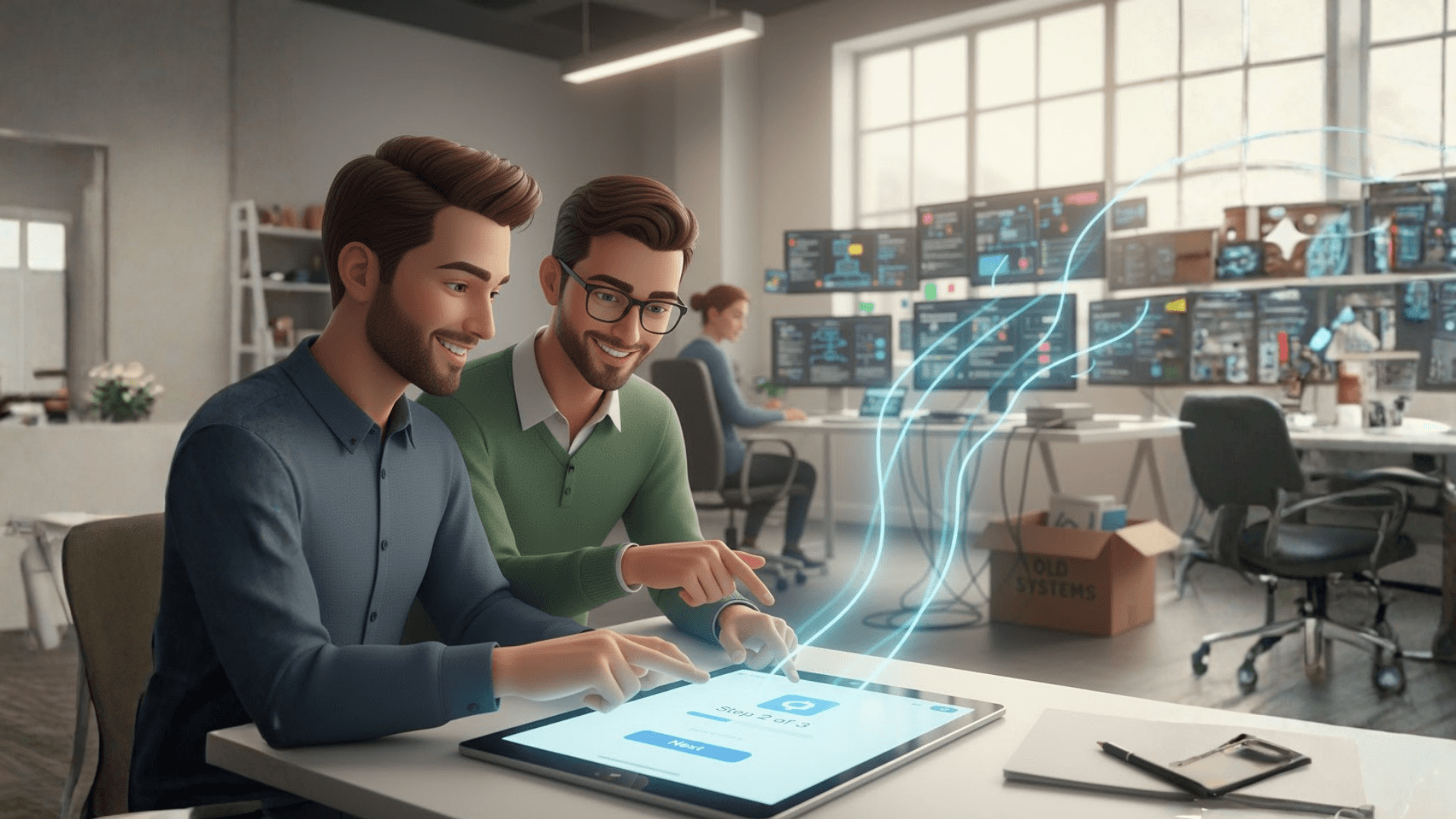 Two professionals smiling as they complete a smooth 3-step onboarding flow on a tablet, with cluttered legacy dashboards blurred in the background.
