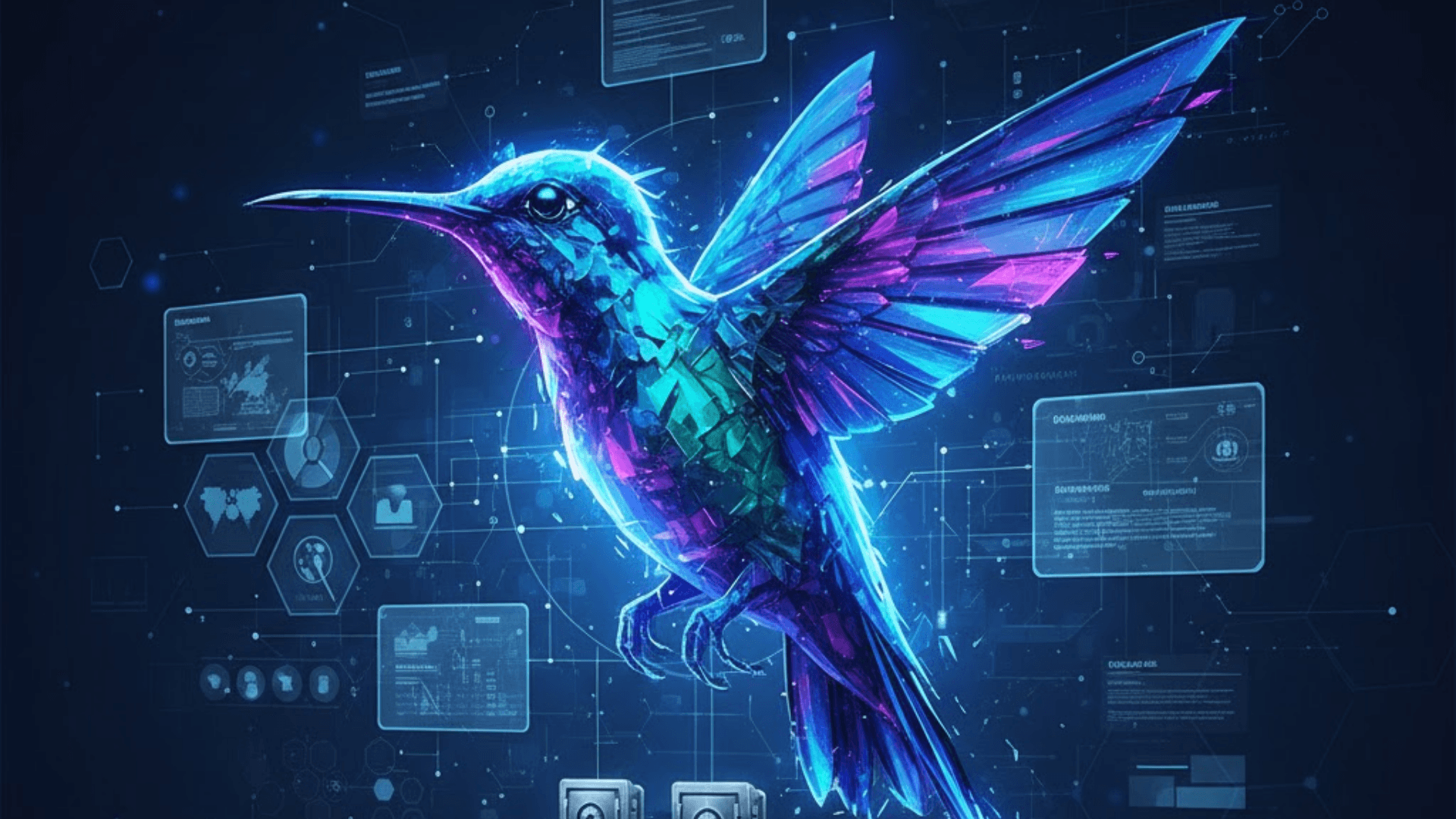 An abstract visualization of a crystalline neon hummingbird in mid-flight, surrounded by translucent interface panels and a world map with 'Data Sovereignty' markers.