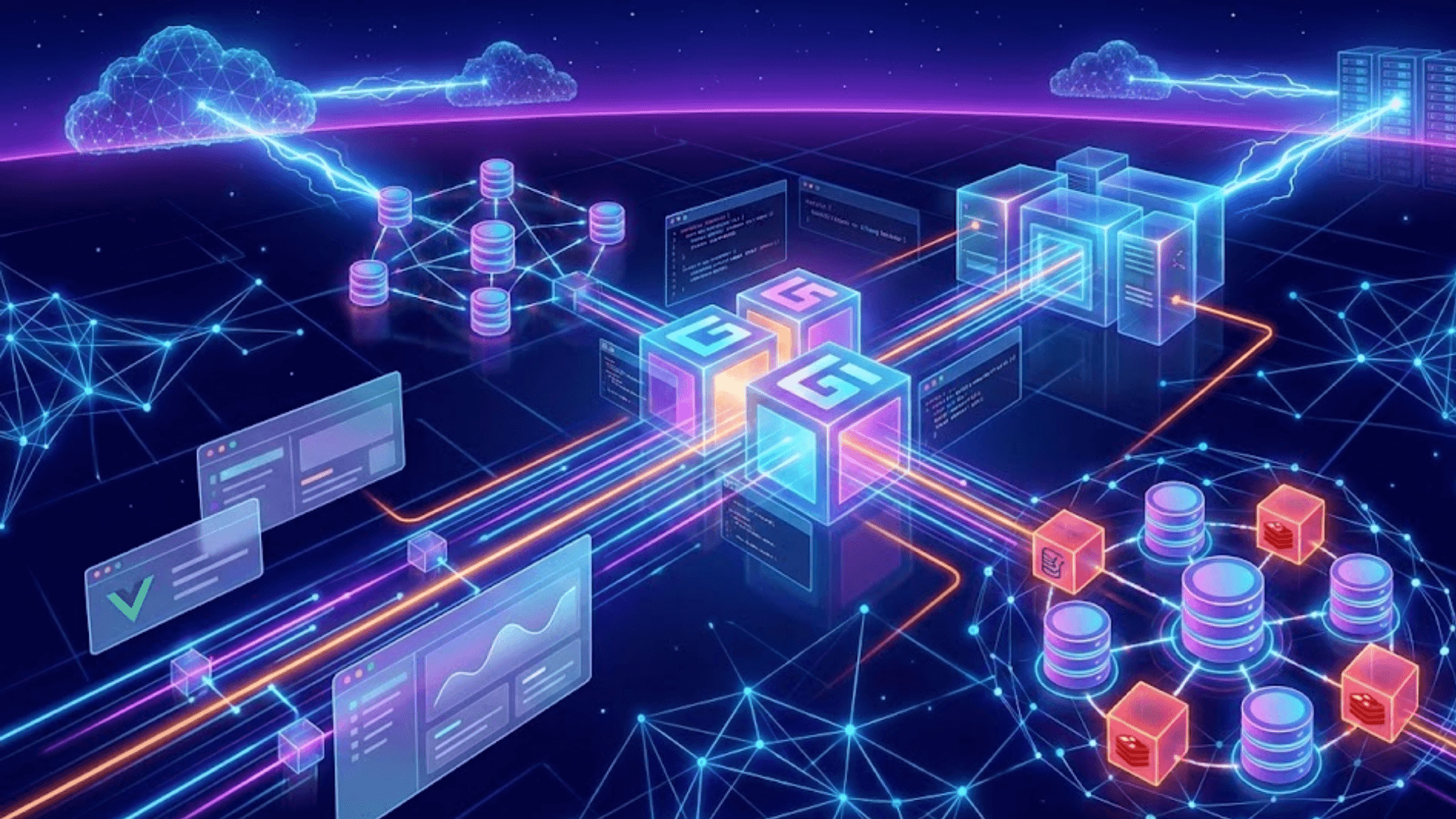 An abstract visualization of a high-performance software architecture: glowing Golang cubes connecting to NoSQL and Redis data nodes, a Vue.js frontend, and edge-computing cloud connections.