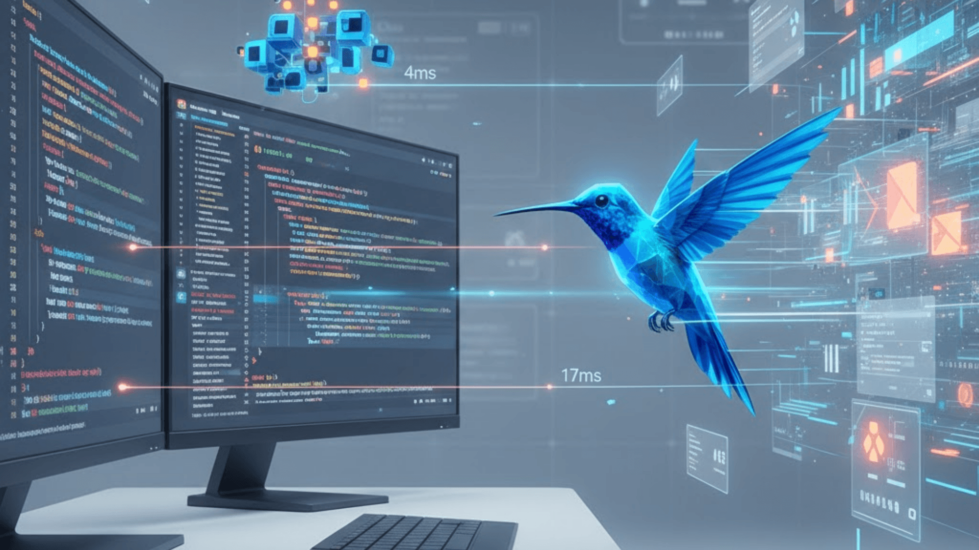 A futuristic SaaS tech illustration with a developer workspace, blue Redis cubes marked '4ms', and a hummingbird flying toward a '17ms' frame-rate target.