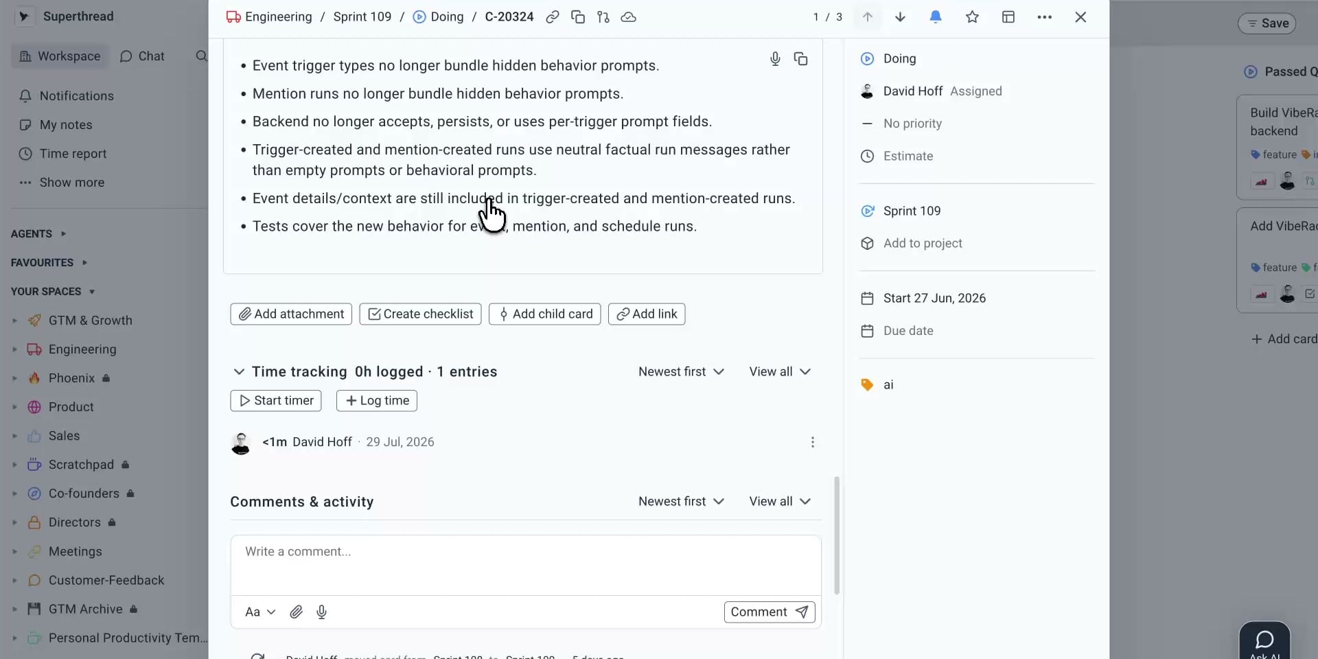A Superthread task with its time tracking controls open beneath the task description.