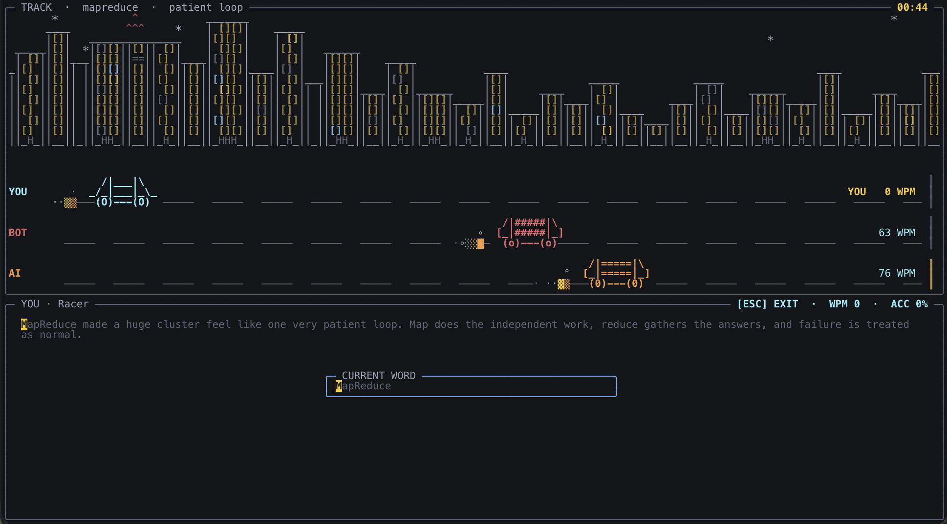 Vibe Racer's retro terminal-style multiplayer race, with three ASCII cars competing across a city track while the player types a computer science lesson about MapReduce.