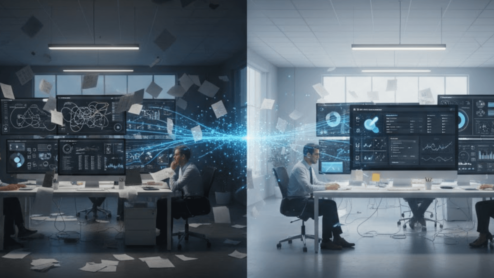 A cinematic 16:9 split-screen illustration showing the transformation from chaotic to streamlined project management. On the left, a dimly lit office represents failing systems: workers look frustrated amidst flying papers, cluttered desks, and monitors displaying tangled, messy data visualizations. On the right, the scene shifts to a bright, premium SaaS environment where teams collaborate calmly at clean workstations. Their monitors show high-fidelity, organized dashboards with clear progress metrics. A glowing blue stream of digital data flows through the center of the image, bridging the two sides and symbolizing the transition from operational chaos to modern, high-speed efficiency.