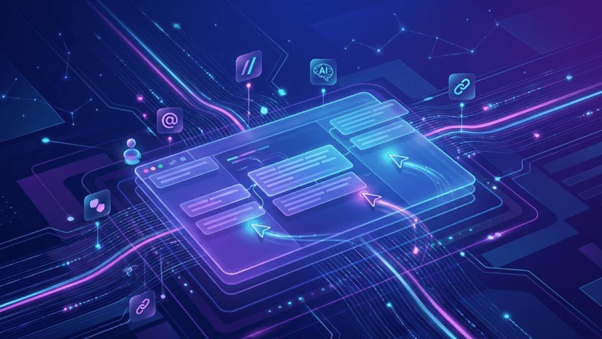 An abstract visualization of a high-performance collaborative text editor with glowing user cursors and neon circuit pathways representing real-time teamwork.