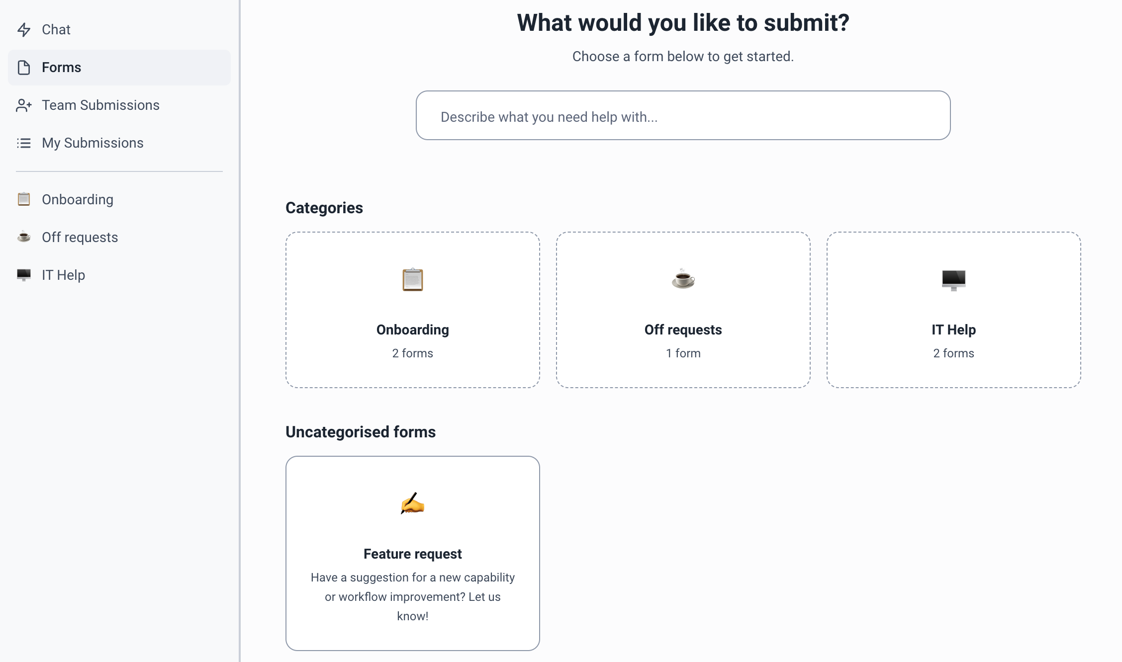 Superthread forms portal showing request forms and submitted requests in a workspace.