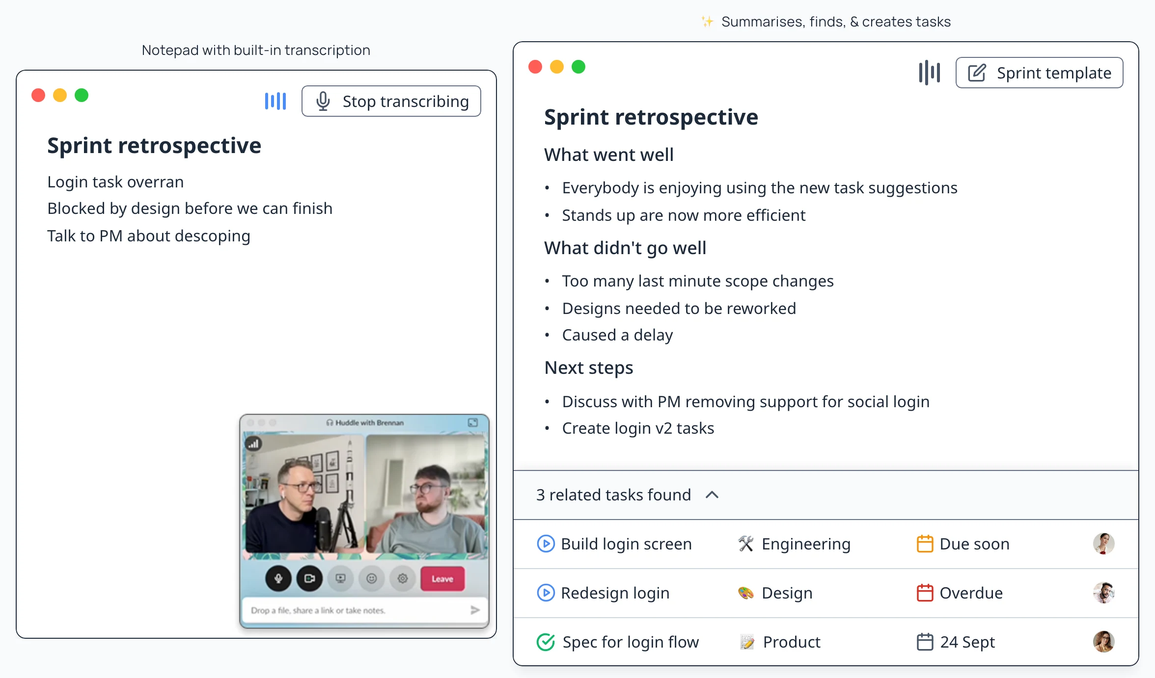 Superthread transcribes a sprint retrospective and turns it into tasks, finding related cards