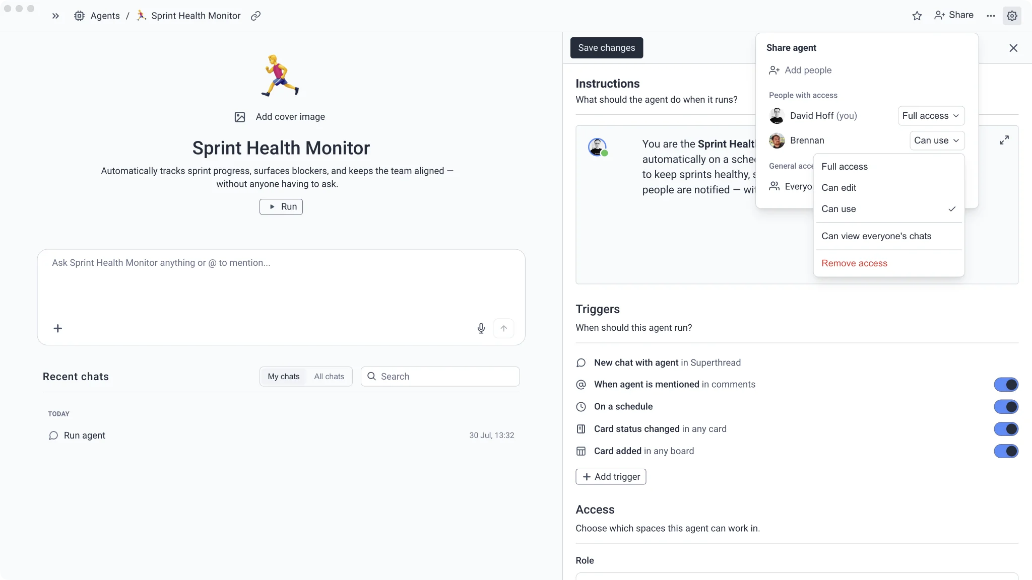 A Sprint Health Monitor agent with instructions, triggers, and sharing controls