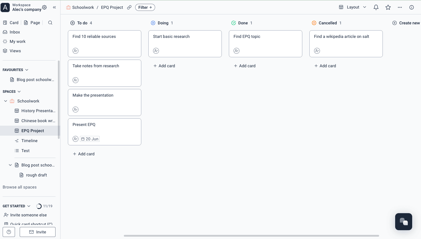 A Superthread board acting as a centralised information hub for a school project
