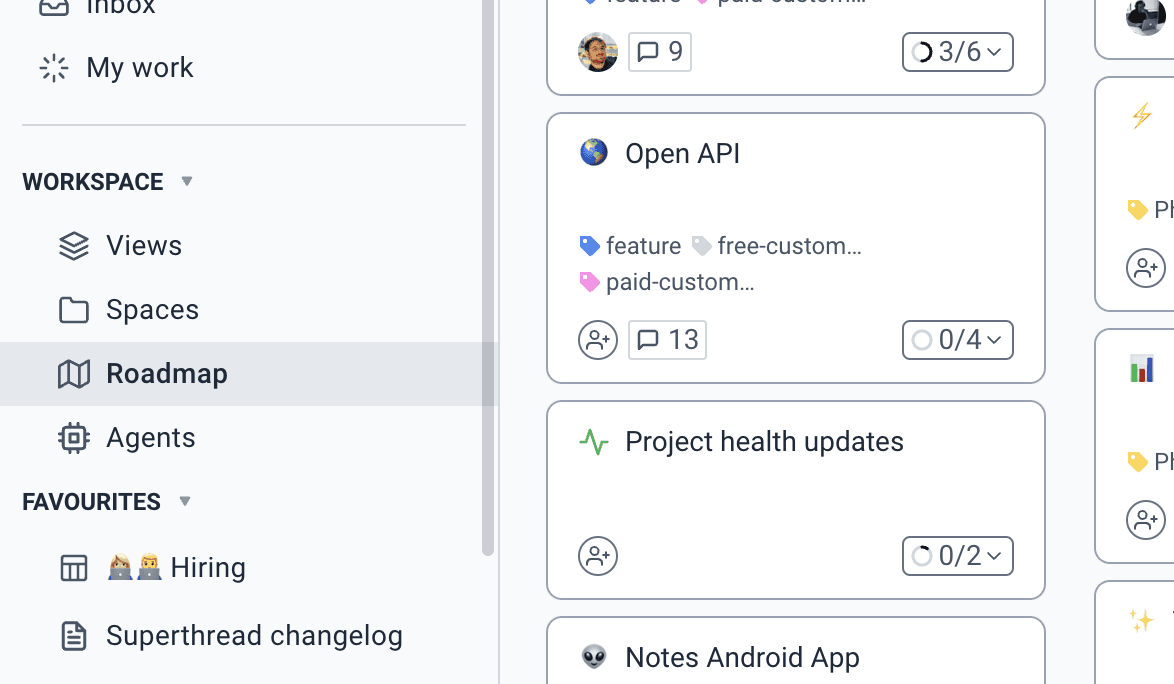Roadmap view with cards across columns