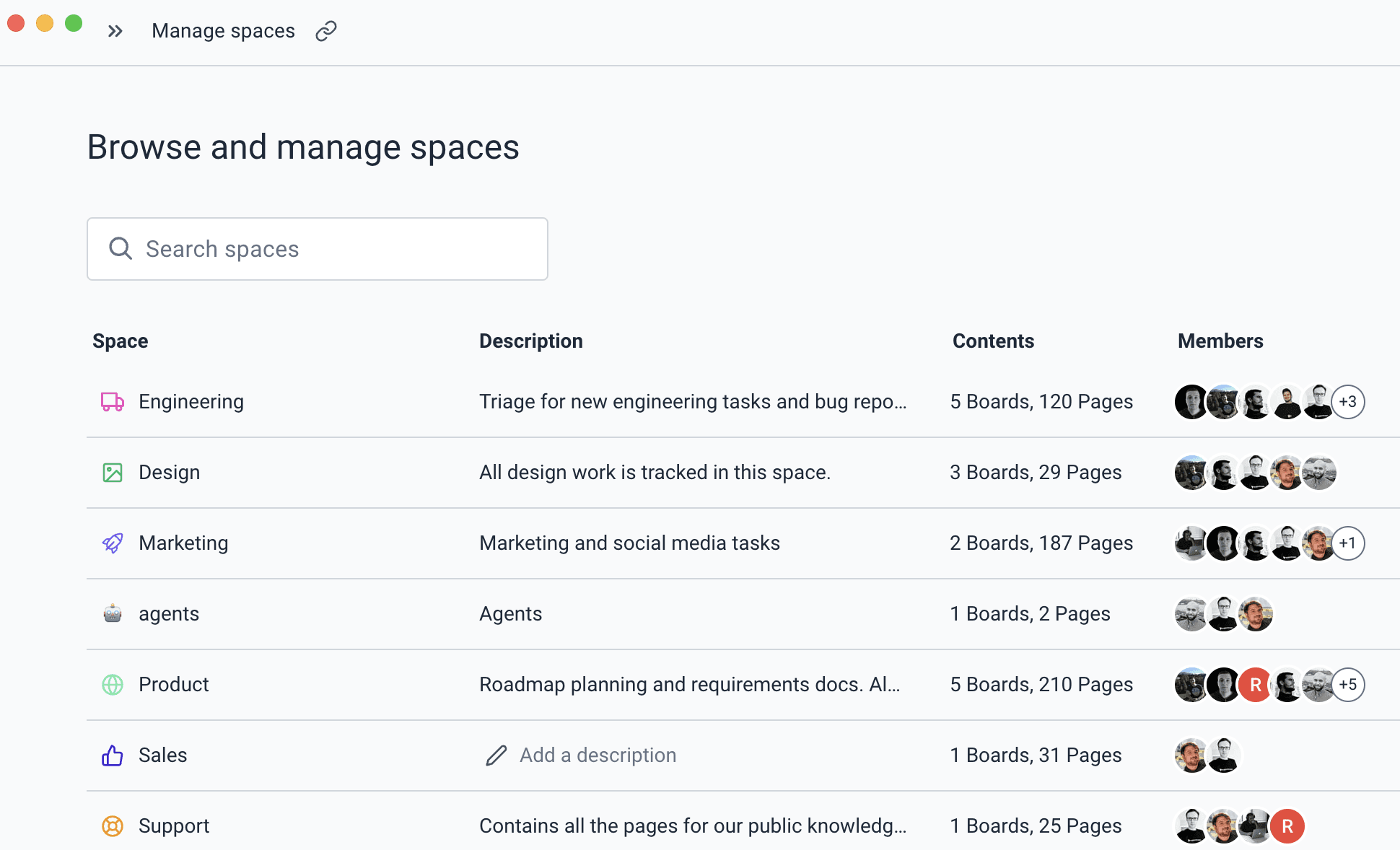 Browse and manage spaces screen