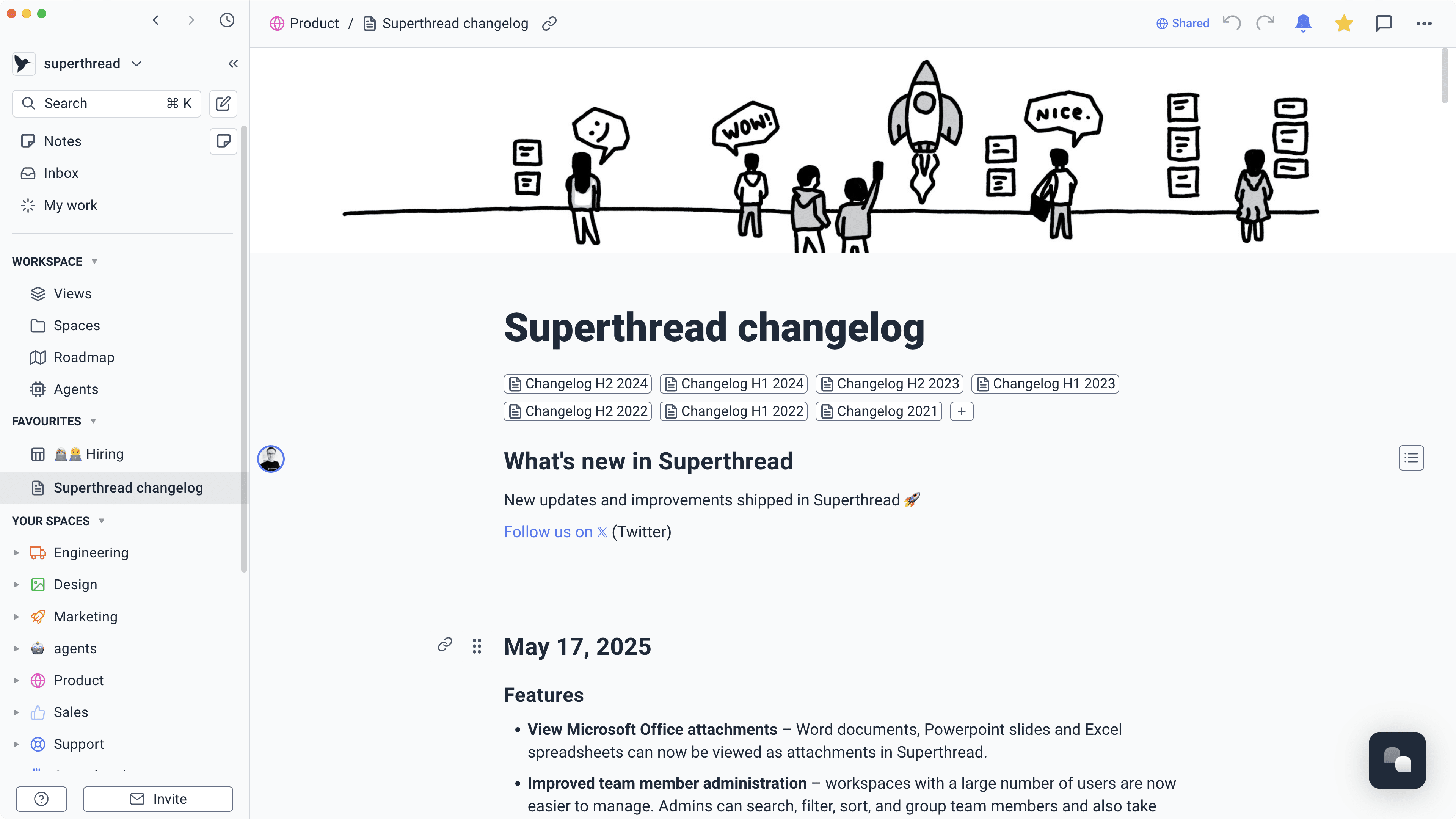 Superthread changelog page with rich content