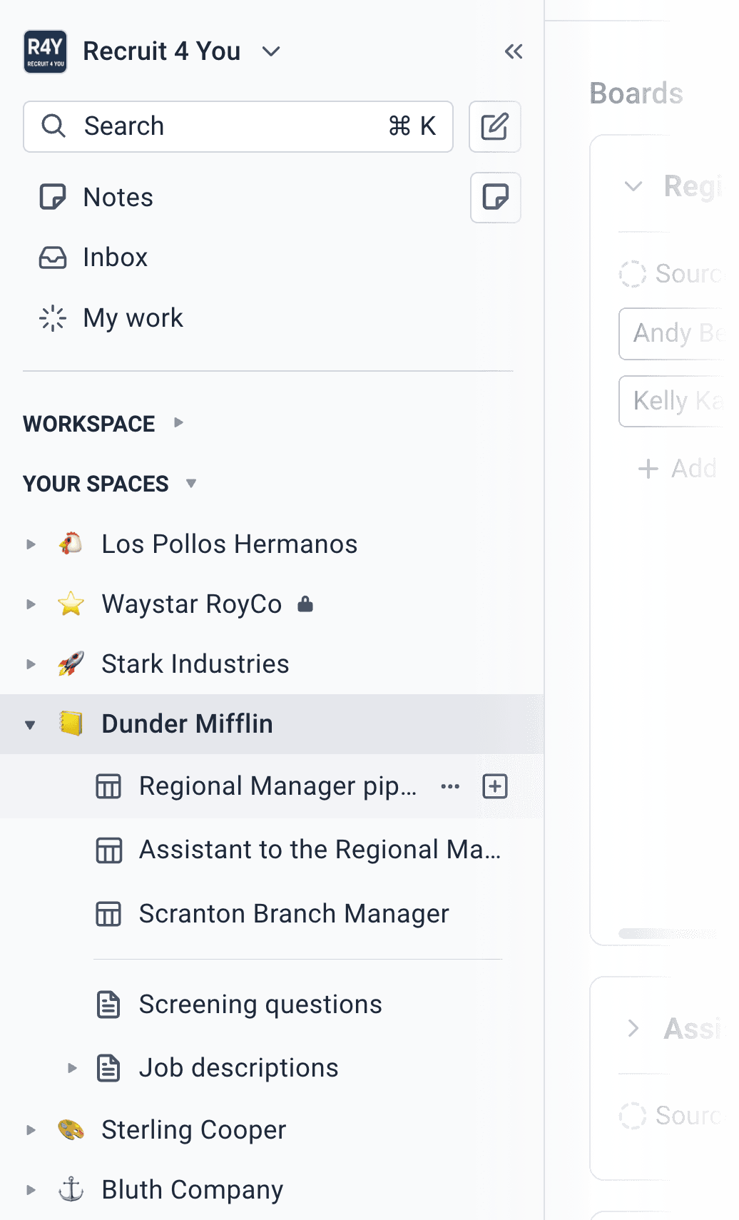 Superthread workspace sidebar with candidate spaces