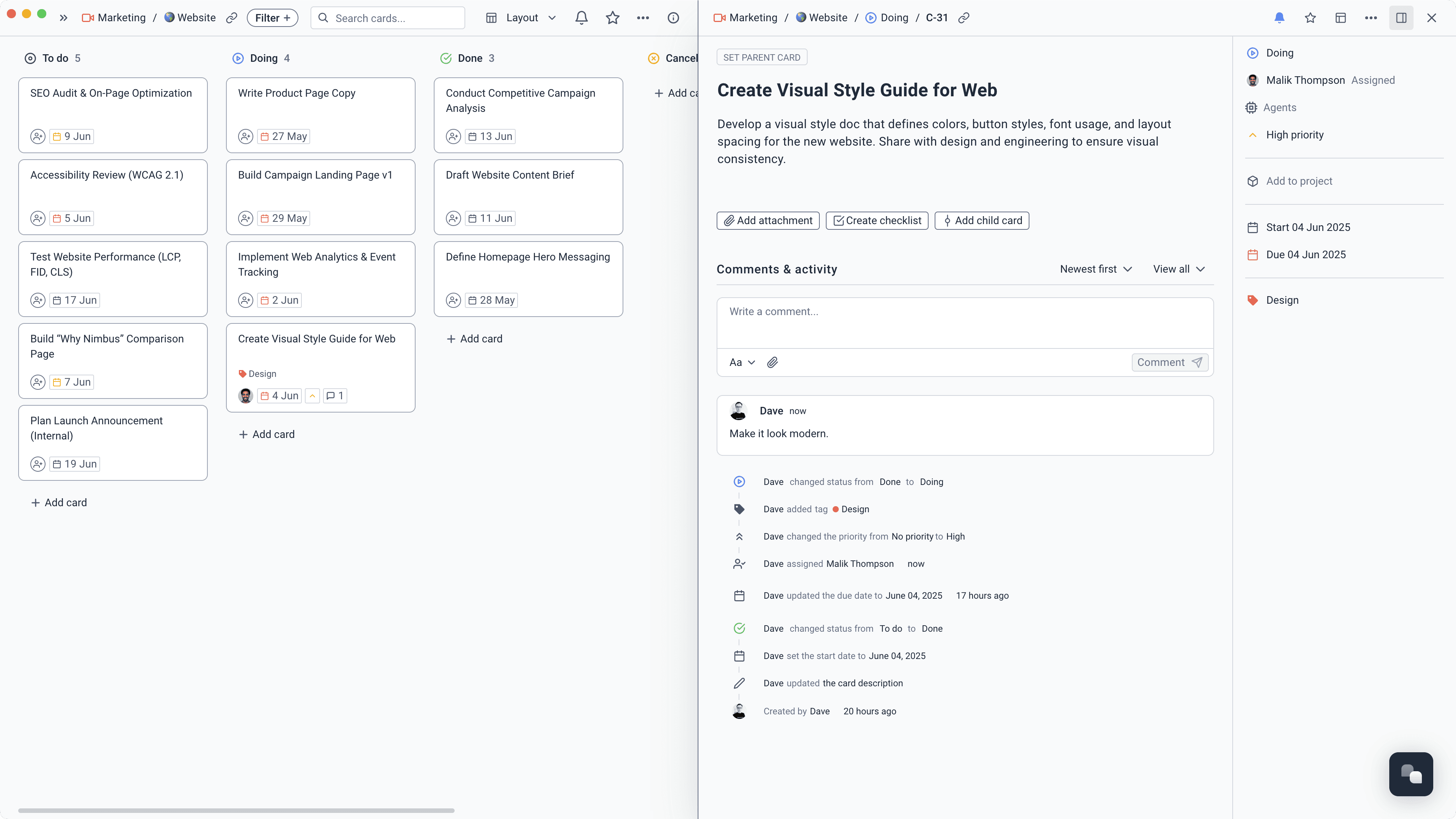 Kanban board with a card open in the side panel
